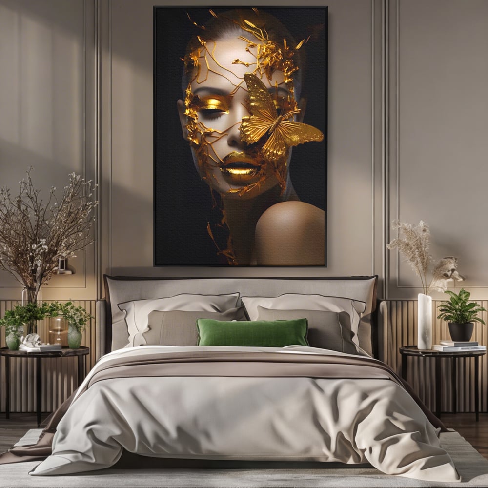 Tablou canvas cu portret feminin cu fluture auriu, in rama de aluminiu negru, pe perete intr-un dormitor